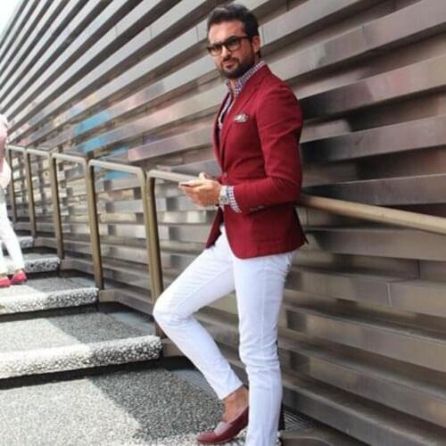 ANNIEBRITNEY Burgundy 2 Piece Slim Fit Men Suit With White Pants Groom Wedding Tuxedo 2 Piece Prom Wedding Business Men Suit Set
