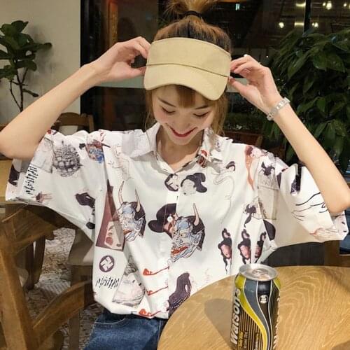 New Cartoon Anime Comic Print Shirt Fashion Loose Casual Lapel Half Sleeve Women Blouse Single-breasted Cardigan