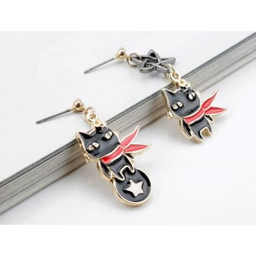 New Trendy Cute Cartoon Star Black Cat Lucky Animal Pendant Earrings Jewelry Gift For Women Girl Lover