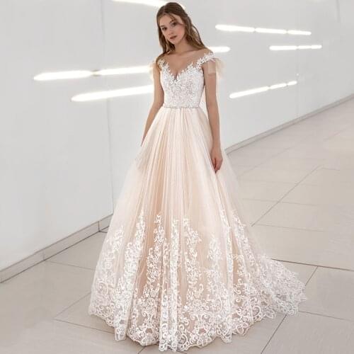 Charming V Neck A-Line Wedding Dress 2021 Custom Made Court Train Appliques Lace Sleeveless Bridal Gowns