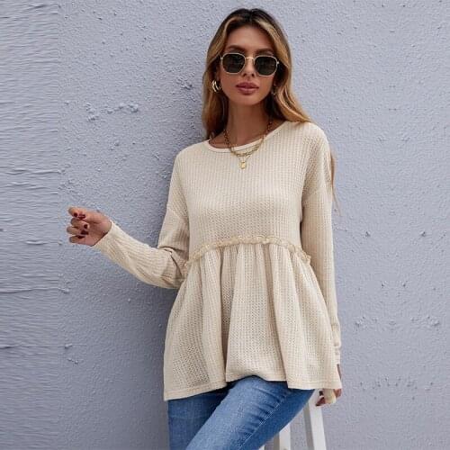 O Neck Waffle Long Sleeved Casual Ladies Blouse Solid Summer Spring Fashion 2021 New Casual Chic Female sweater