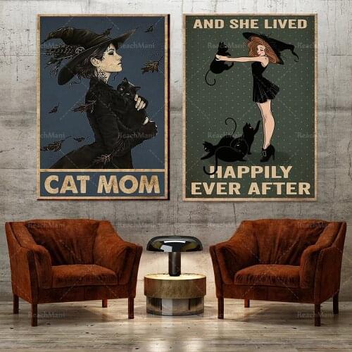 She has lived a happy life ever since, black cat posters, cat mother posters, cat cat posters, retro witch cat posters, witch ca