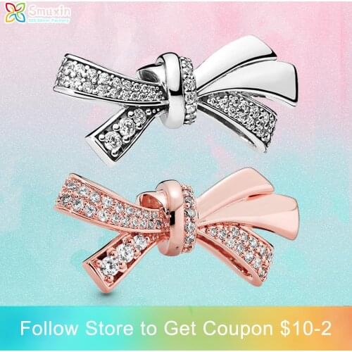 Smuxin 925 Sterling Silver Beads Pink Mothers Love Bow Ribbon Bead Charms fit Original Pandora Bracelets Women DIY Jewelry