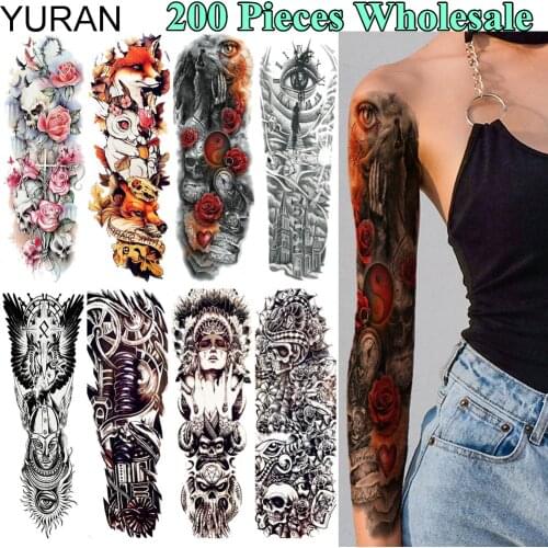 YURAN 200 Pieces Wholesale 48x17CM Body Art Tattoo Temporary Full Arm Skull Fox Tatoo For Men Women Fake Tattoo Sticker Supplies