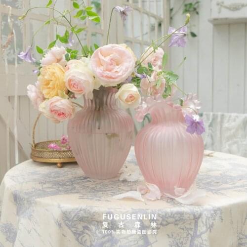 Retro light luxury Nordic vase wave mouth PINK glass vase living room table ornament flower arrangement