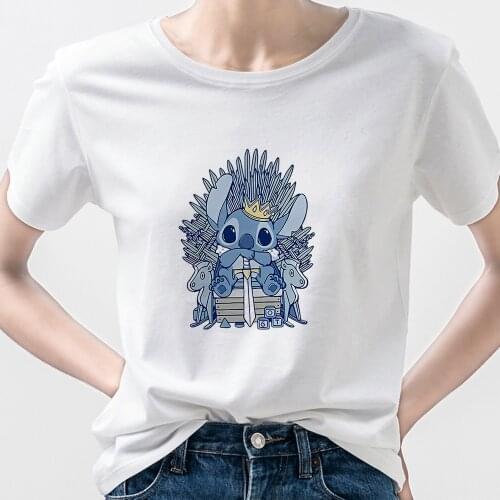 Disney Stitch King T Shirt for Women Animated Cartoon Tops Harajuku Young Girls Popular Cute Tee shirt Korean Trend Ulzzang