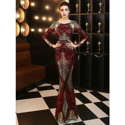 YIDINGZS 2021 Women Elegant O Neck Backless Sequin Evening Dresses Formal Long Sleeve Evening Party Dress