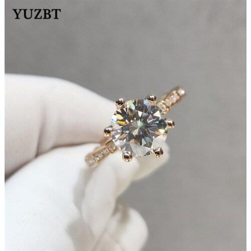 YUZBT 100% 18K Rose Gold Brilliant Cut 2 Carat 8mm Gemstone Diamond Test Past D Color Moissanite Wedding Ring for Women Gift