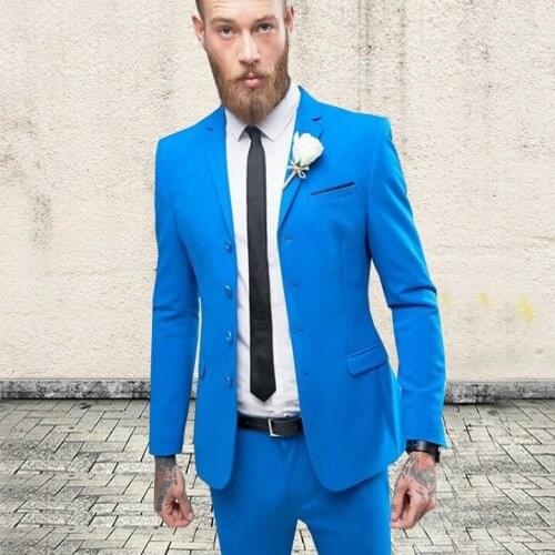 Groomsmen Blue Groom Tuxedos Three Button Men Suits Notch Lapel Best Man 2 pieces Wedding Suit ( Jacket+Pants+Tie ) C570