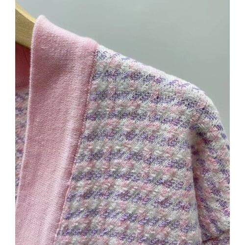 Womens Pink Sweater V-Neck Pearl Buttons Single Breasted Long Sleeve Loose Autumn Winter Ladies Houndstooth Knit Cardigans