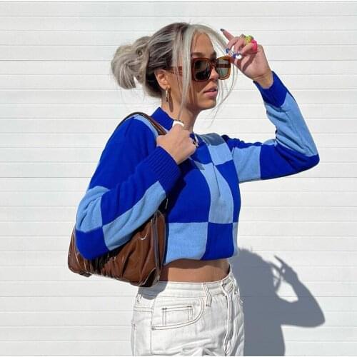 Y2k Plaid Sweater Vintage Knitted Jumpers Autumn Long Sleeve Pullovers Harajuku Women Clothing 2000s Streetwear Retro