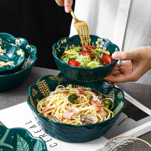 2 Pcs Colorful Glazed Ceramic Salad Bowl Set Lotus Shape PorcelainTableware Rice Noodle Underglaze Color Support Oven CZY058956
