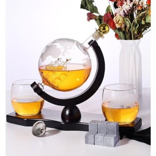 900ml Glass Globe Wine Decanter Wooden Base Whiskey Bottle Restaurant Bar Supplies
