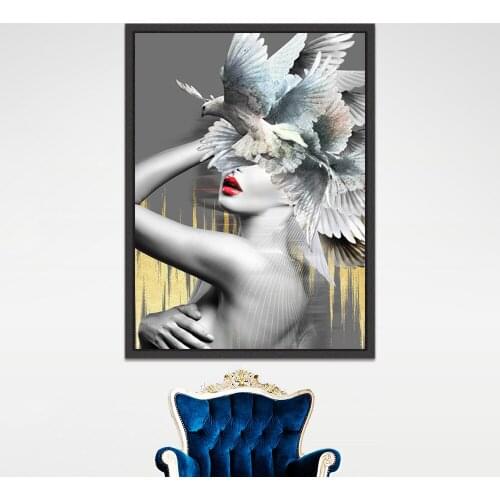 Feathers Woman Abstract Fashion Style Canvas Painting Wall Art Print Poster Picture Wall Living Room Home Decortion Unstretched