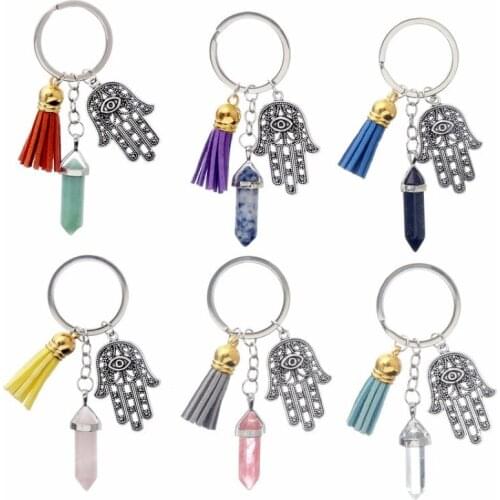 1 PC Fashion Natural Stone Pendant Keychain Natural Quartz Stone Evil Eye Fatima PU tassel Pink Crystal Key Chains Jewelry gift
