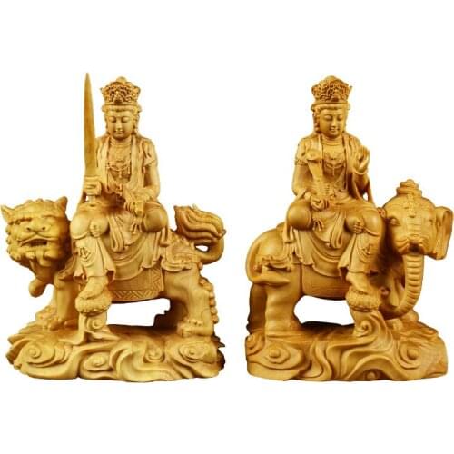 Solid wood Manjusri Samantabhadra Bodhisattva statuesModern art wooden sculpture Feng Shui decorative statue in home living room