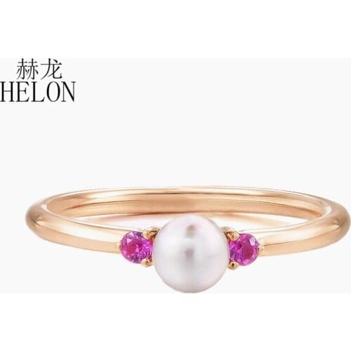 HELON Solid 14k Rose Gold Round Freshwater Pearl & Pink Sapphire Engagement Ring For Women Elegant Party Jewelry Best Gift