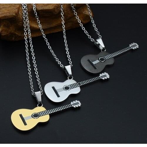 Guitar Pendant Necklace for Men Rock Two Tone Gold Color Titanium Stainless Steel Music Pendant Necklace