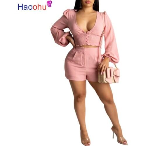 HAOOHU Two Piece Set 2020 Fashion Summer Clother Matching Sets Long Sleeve Crop Top and Shorts Sexy 2 Piece Outfits for Women