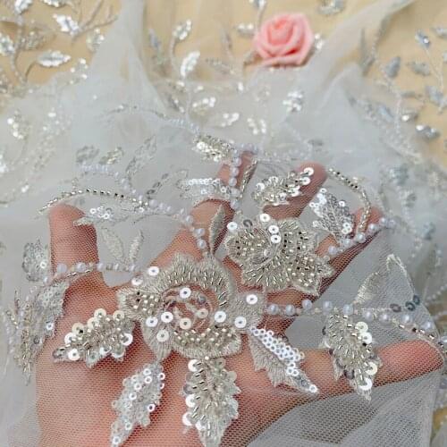 Silver Wire Pears Sequin Lace Fabric Tulle Mesh Wedding Dress Sewing Accessoires V2568