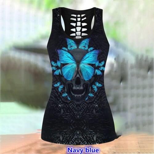 3D Graphic Skull Printed Tank Tops Women Cut Out Back Tshirt Halloween Gothic Sleeveless Top Gym Workout Vest Fitness Shirt Tees