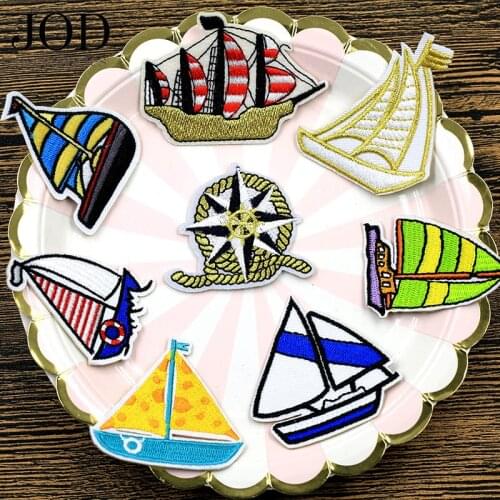 Sailboat Patches Embroidery Pirate Ship Stickers Clothes Applique Children Application Jacket DIY Iron on Accessories Kids Shirt