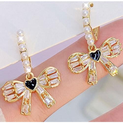 JUWANG New Exquisite Heart Earring 14k Real Gold Plating Butterfly Cute Daily Pearl Earrings Charm Bowknot For Lady Luxury Gift