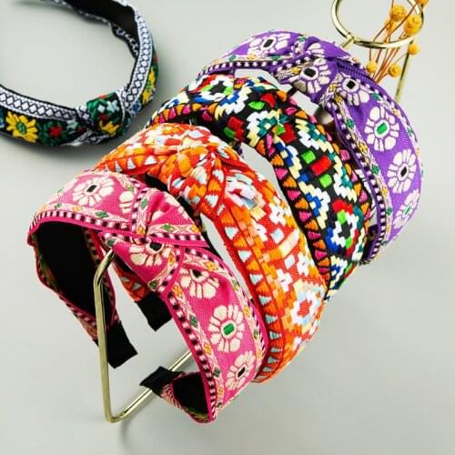 Headbands For Women Girls Korean Wide Fabric Embroidery Ethnic Hair Bands Accessories FlowerFashion Plaid Knot Wholesale