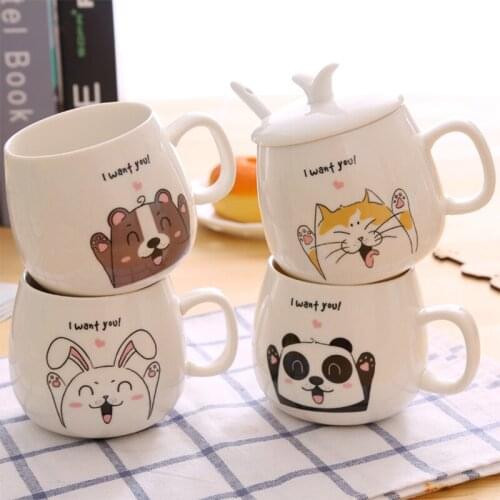 Lovely Animals Mugs Creative Ceramics Milk Cups Breakfast Lovers Cups and Spoons Coffee Mugs