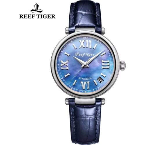 Reef Tiger/RT Luxury Automatic Mechanical Watch Leather Band Date Waterproof Ladies Watch Relogio Feminino