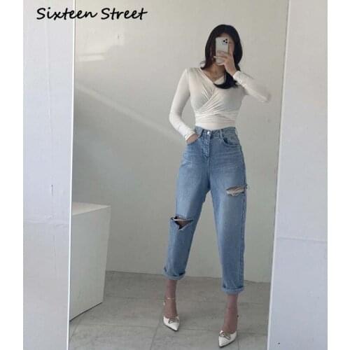 Ripped Jeans for Women Hole Blue High Waisted Pants Y2k Aesthetic Cowboy Femme Denim Trousers Female Vintage Hole Washed 2021