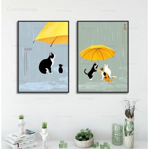 Caring For Animals Poster Poor Cats Got A Yellow Umbrella After Rain 2 Pieces Set Canvas Painting For Living Room Home Decor