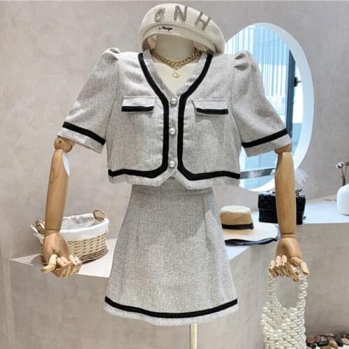 Small Fragrance Two Piece Set Women Retro Puff Sleeve Shirt Crop Top + Skirt Suits Summer Short Jacket Coat Skirt 2 Piece Sets