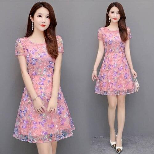 Summer embroidery Flowers patchwork Short sleeve V-neck A-line pink purple white blue elegant Vestidos Party Dress Women
