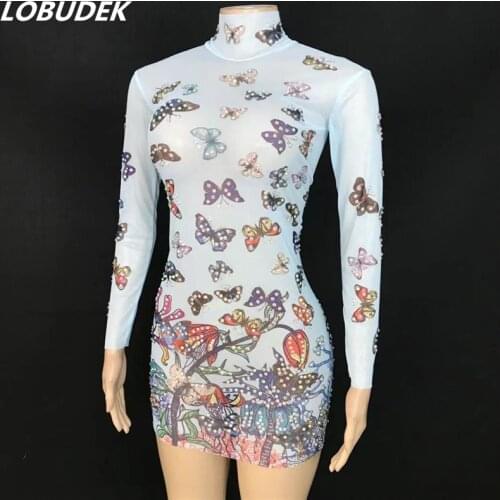 Printing Design Butterfly Pattern Transparent Mesh Dress Women Singer Stage Wear Prom Birthday Celebrate Crystal Outfit Costume