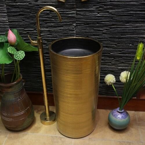 Gold Art Bathroom Pedestal Wash Basin Freestanding Ceramic Washbasin Floor Type Basin Vertical Hand Pedestal Basin