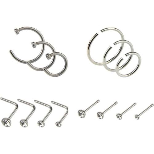 14 pieces/set of 7-shaped nose nails surgicals steel nostril nail screws nose ring hoop body perforated silver heart-shaped nose