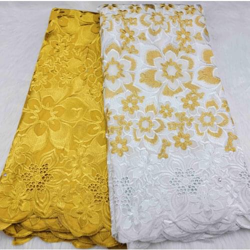 2019 Yellow Colors High Quality African Swiss Voile Lace Fabrics Embroidery in Switzerland Cotton Lace Fabrics 5 Yards