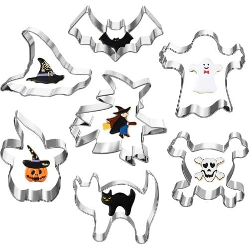 7pcs Stainless Steel Halloween Cookie Cutter Set Hand Press Mould Tools Kitchen Gadgets Cookie Stamps Moulds Fondant Cookie Mold