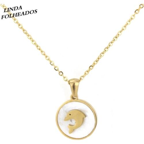 Wholesale Handmade Spiritual Round Shape Dolphin Pattern Link Chain Gold Stainless Steel Shell Pendant Necklace Jewelry