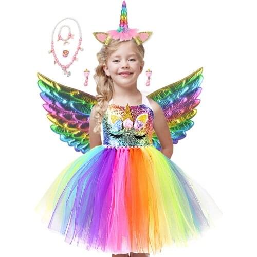 Sequin Unicorn Kids Dresses for Girls Children Cosplay Costume Baby Girl Clothes Set with Headband and Wing Flower Girls Dresses