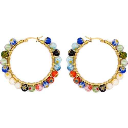 Go2Boho Hoop Earrings Glaze Glass Beads Earring for Women Statement Stainless Steel Circle Vintage Jewellery Bohemian Ear Ring