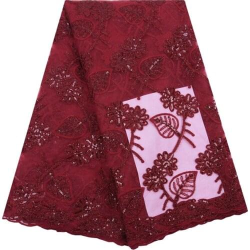 Hot Sale Sequined Lace Fabrics Red African Nigerian Milk Silk Mesh Lace Fabric For Wedding French Lace Fabrics With Sequins 1762
