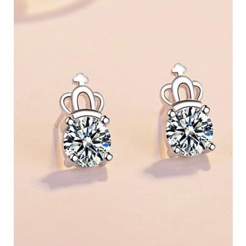 Dainty Female White Crystal Crown Earrings Real 925 Sterling Silver Wedding Earrings For Women Small Round Zircon Stud Earrings