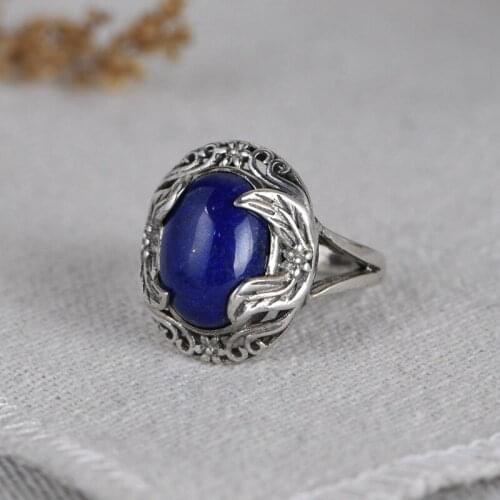 FNJ 925 Silver Rings Lapis Lazuli 100% Real Original S925 Solid Prue Silver Ring for Women Jewelry Vintage Romantic Flower