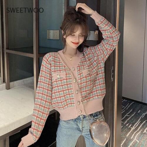 Short Retro Check Color Contrast V-Neck Knitted Cardigan 2021 Autumn New 3-Color Sweater Womens Jacket