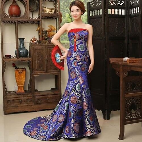 Red Satin Mermaid Evening Dresses Strapless Trailing Sexy China Wedding Cheongsam Long Traditional Chinese Dress Robe Rouge