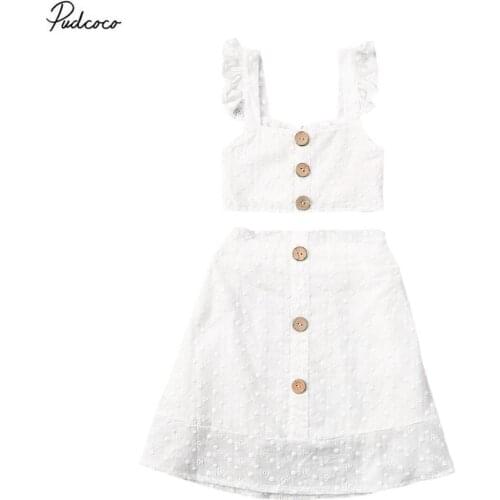 2020 Summer Toddler Baby Girl Clothes Sleeveless Button Lace Crop Tops Vest A-line Skirt Summer Outfits Holiday 2pcs Cotton Set