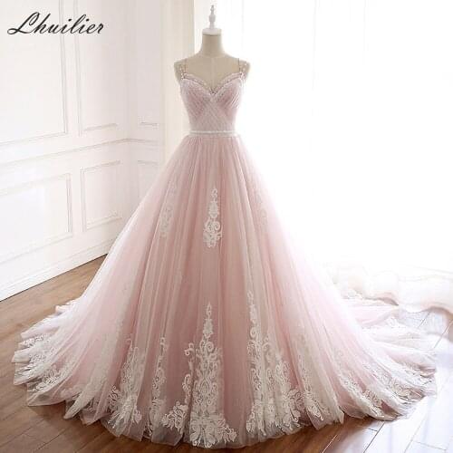 Lhuilier A-line Beaded Pink Tulle Wedding Dresses 2020 Sleeveless V-neck Pleated Bridal Dress Lace Appliques Wedding Gown