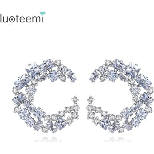 LUOTEEMI Stylish Half Moon Shape Stud Earrings for Women Girls Wedding Dating with Clear CZ Fashion Jewelry Christmas Gift